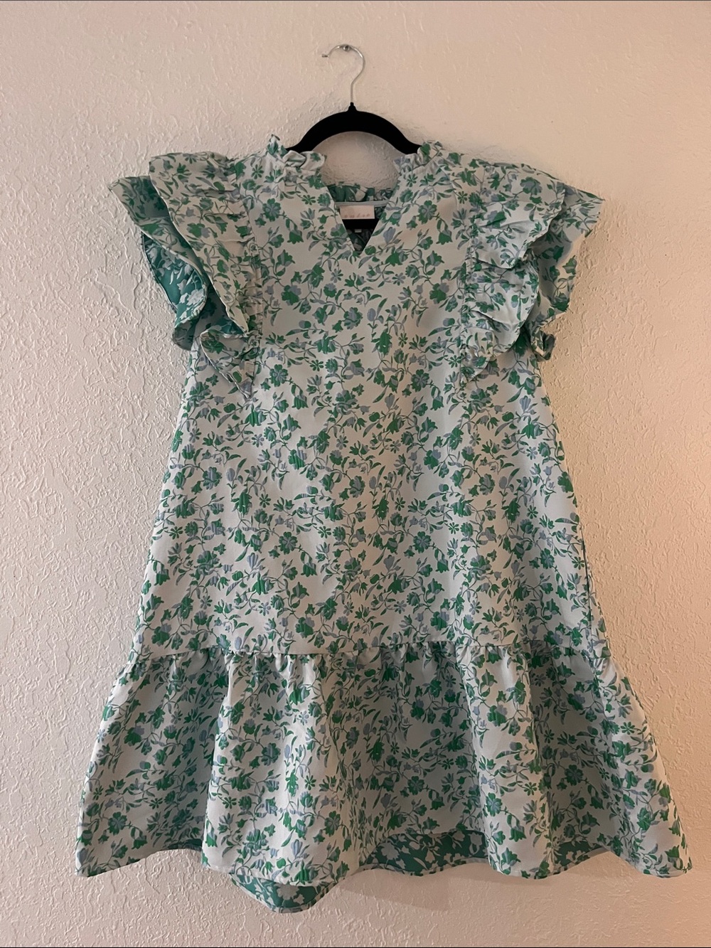 Entro Blue and Green Floral Flutter Sleeve Dress